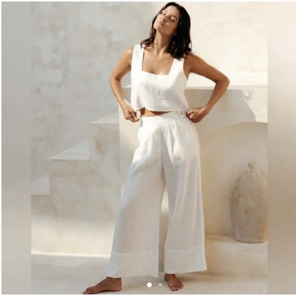 Aura The Label Beige High Rise Extra Wide Leg Linen Blend Pants Size M NWT
